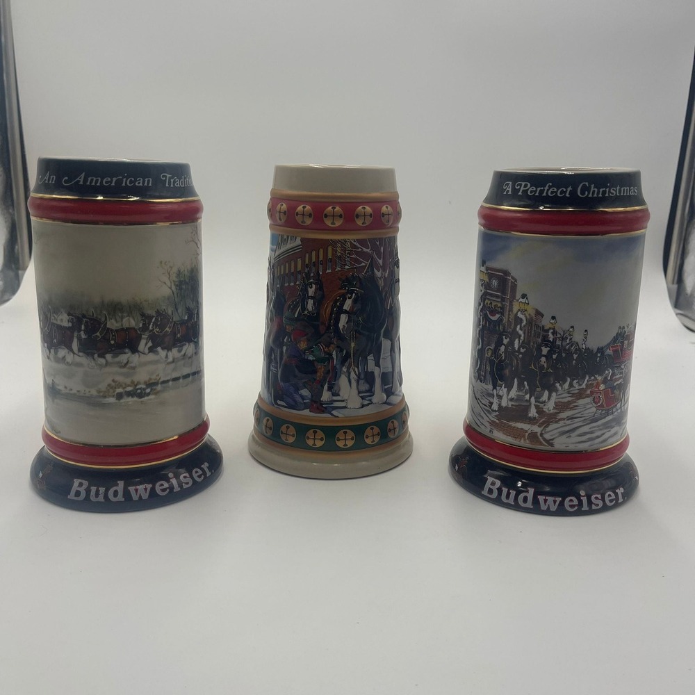lot of‎ 3 Budweiser Holiday Stein Clydesdales Beer Mugs Anheuser Busch Ceramic